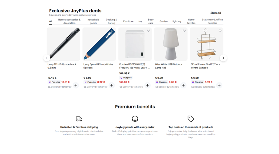 A screenshot of exclusive Joyplus deals for Joybuy Europe