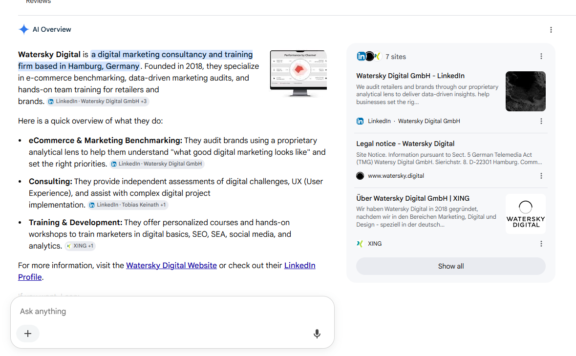 A screenshot showing the AI overview result of Watersky Digital on Google